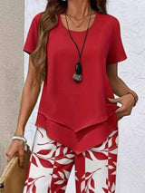 Layered Top and Leaf Print Cropped Pants Set - Trendsi - Flyclothing LLC