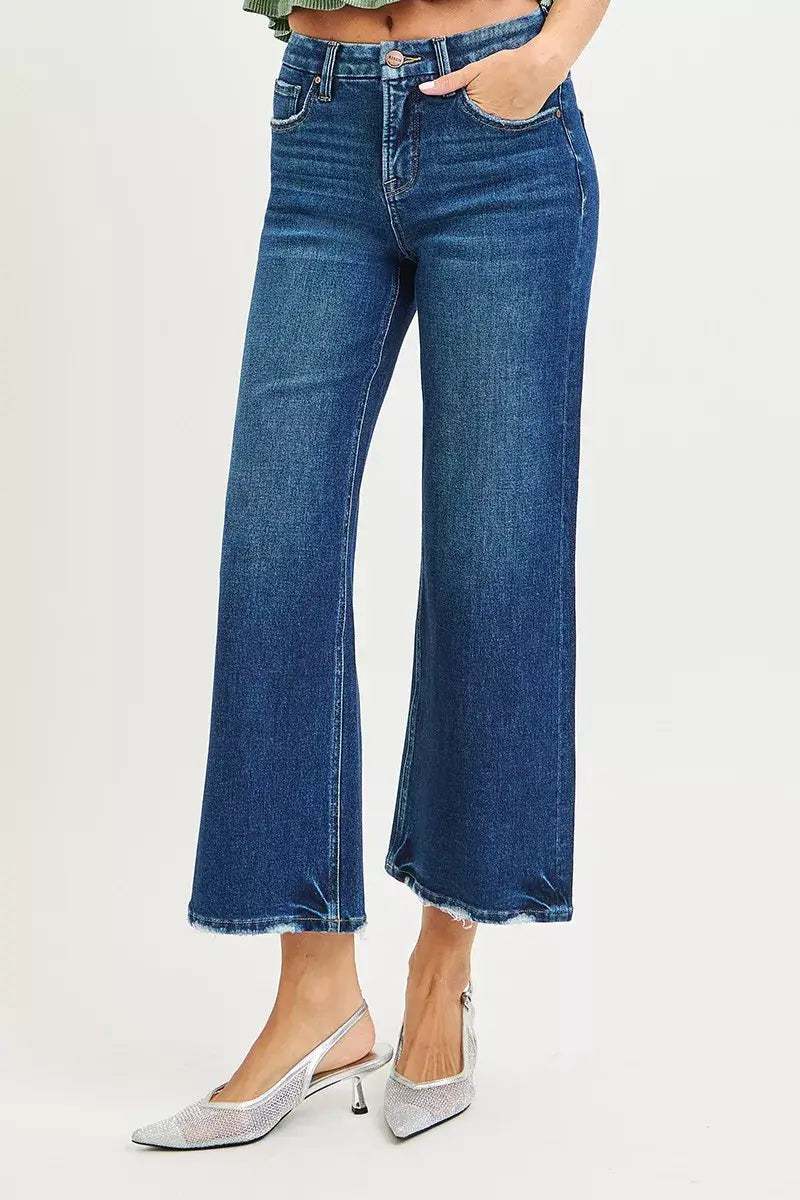 RISEN Tummy Control 4 Way Stretch High Rise Crop Wide Leg Jeans - Trendsi - Flyclothing LLC
