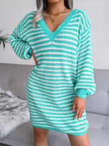 Striped V-Neck Long Sleeve Sweater Dress - Trendsi - Flyclothing LLC