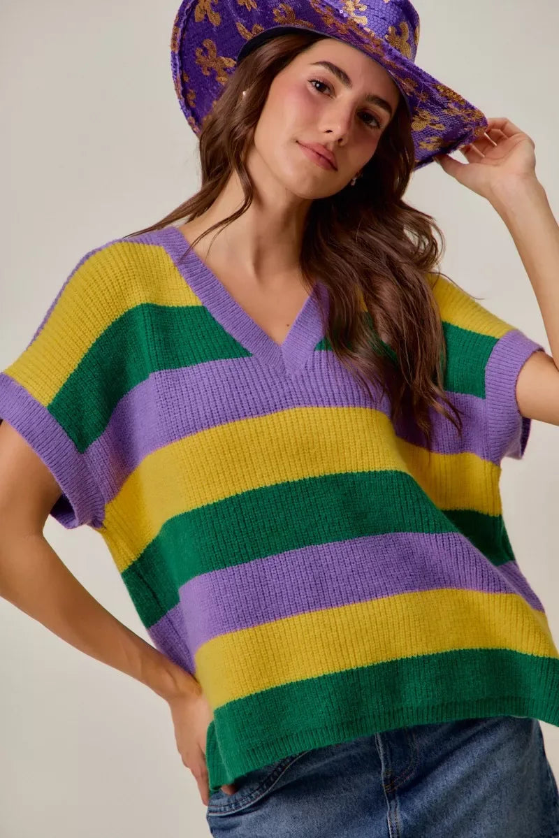 SO ME Mardi Gras Loose Fit V Neck Stripe Sweater Top - Trendsi - Flyclothing LLC