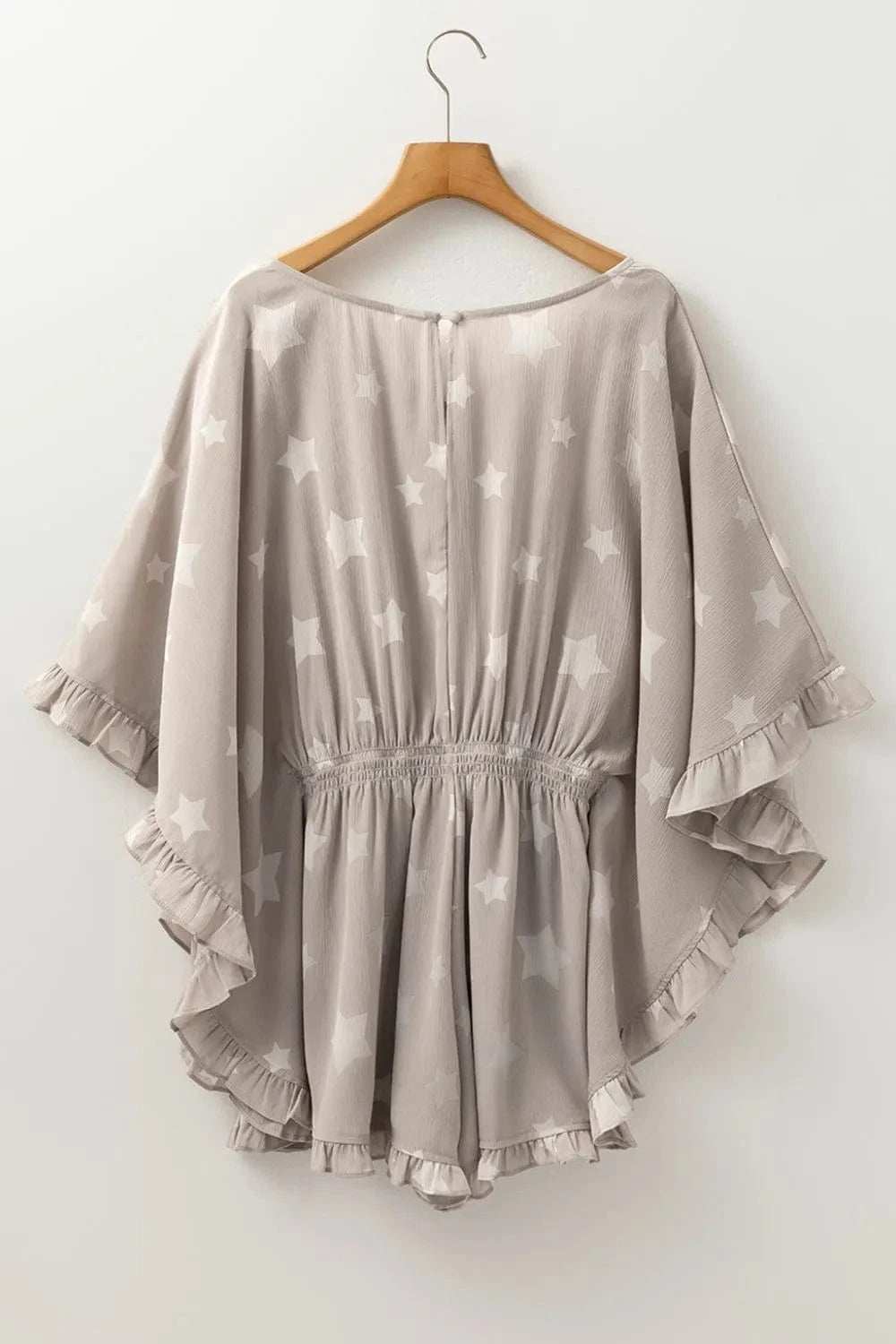Star Print Crinkle Textured Kimono Ruffle Sleeve Romper - Trendsi - Flyclothing LLC