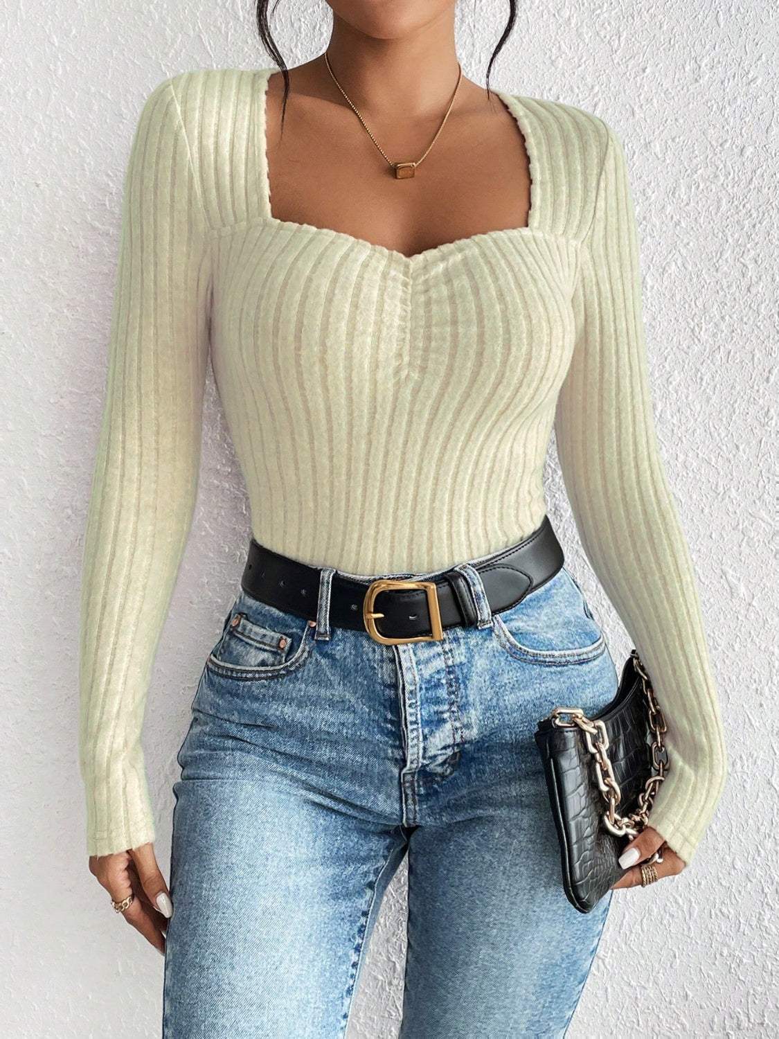 Honey Ribbed Long Sleeve T-Shirt - Trendsi - Flyclothing LLC