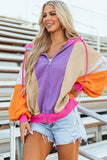 Drawstring Color Block Zip Up Long Sleeve Hoodie - Trendsi
