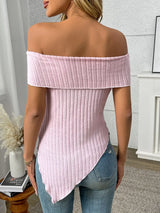 Ribbed Off-Shoulder Asymmetrical Hem T-Shirt - Trendsi - Flyclothing LLC