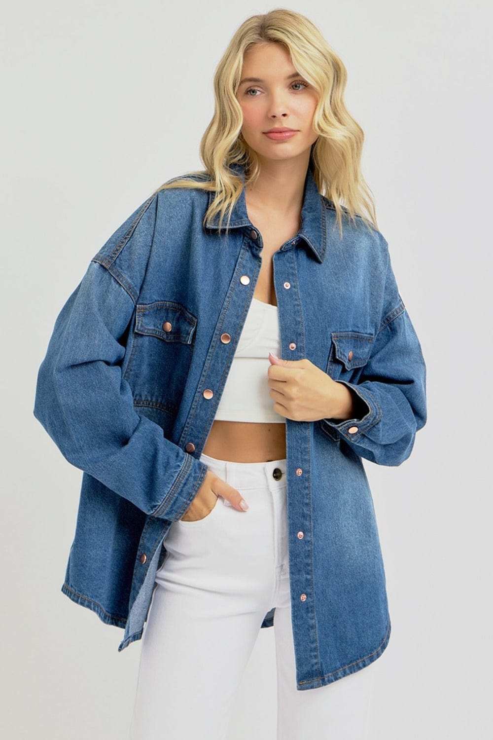 RISEN Full Size Snap Down Long Sleeve Denim Shacket - Trendsi - Flyclothing LLC