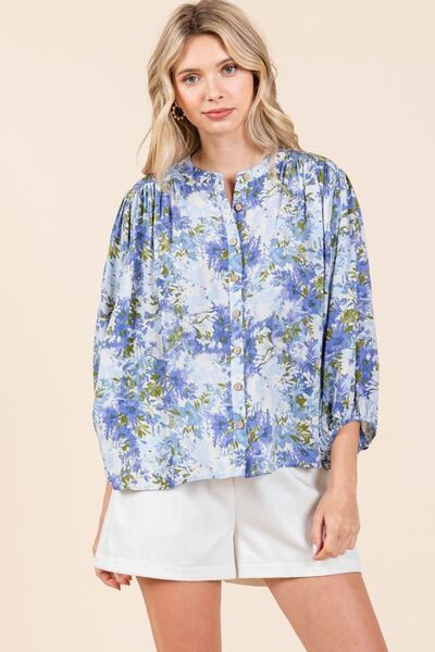 Mittoshop Flower Print Batwing Sleeve Button Down Blouse - Trendsi