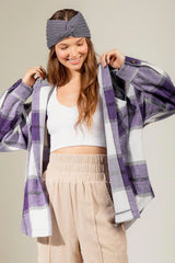 Drawstring Plaid Dropped Shoulder Hooded Shacket - Trendsi