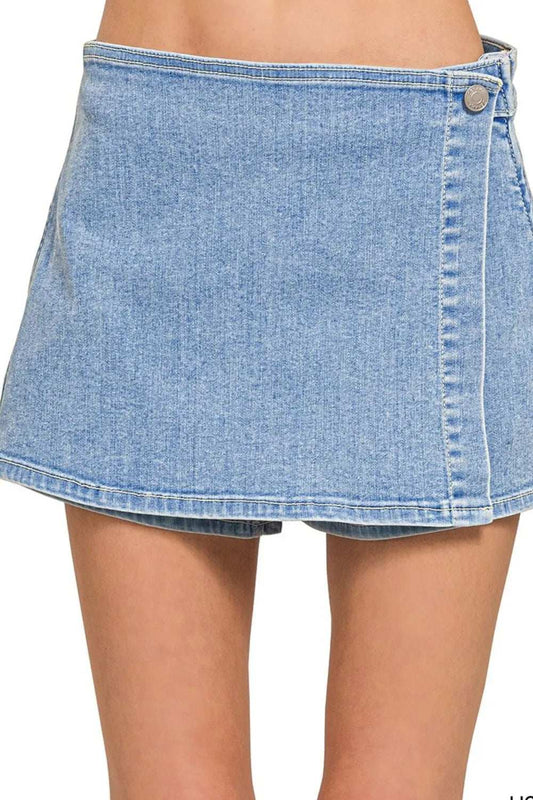 Zenana Wrap Front Skort Denim Shorts - Trendsi - Flyclothing LLC