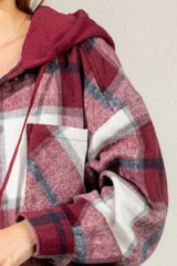 Drawstring Plaid Dropped Shoulder Hooded Shacket - Trendsi