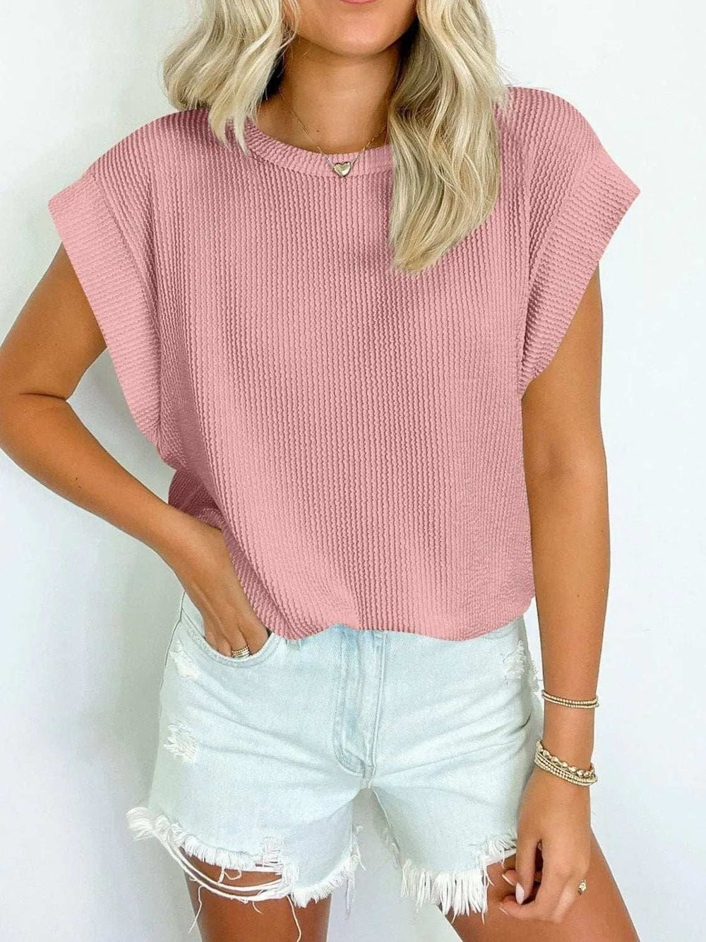 Textured Round Neck Cap Sleeve Blouse - Trendsi - Flyclothing LLC
