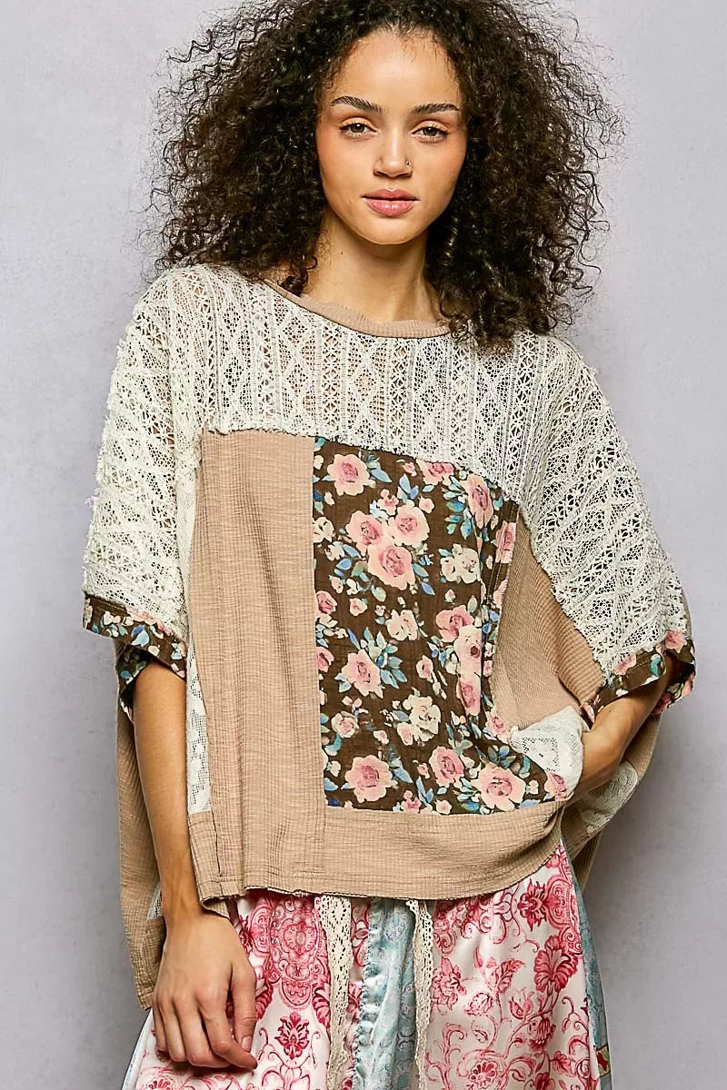 POL Floral Patchwork Lace Accent Blouse - Trendsi - Flyclothing LLC