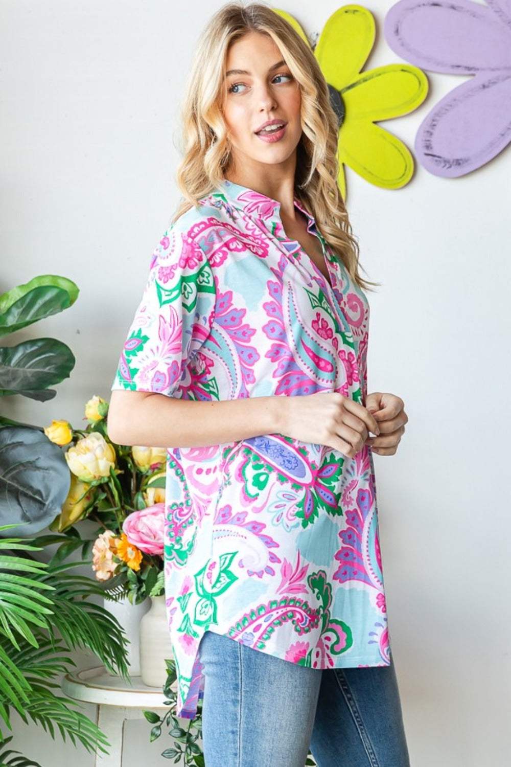 Heimish Full Size Paisley Print Short Sleeve Top - Trendsi - Flyclothing LLC