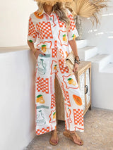 Devine Printed Collared Neck Half Sleeve Top and Pants Set - Trendsi - Flyclothing LLC