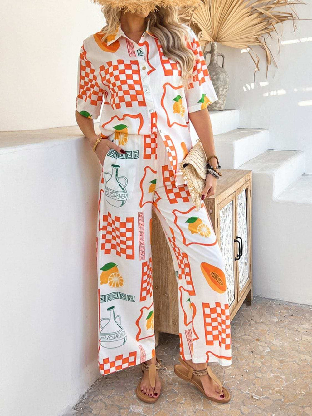 Devine Printed Collared Neck Half Sleeve Top and Pants Set - Trendsi - Flyclothing LLC