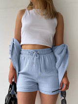Texture Button Up Shirt and Drawstring Shorts Set - Trendsi - Flyclothing LLC