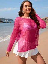 Openwork Slit Boat Neck Long Sleeve Cover-Up - Trendsi - Flyclothing LLC