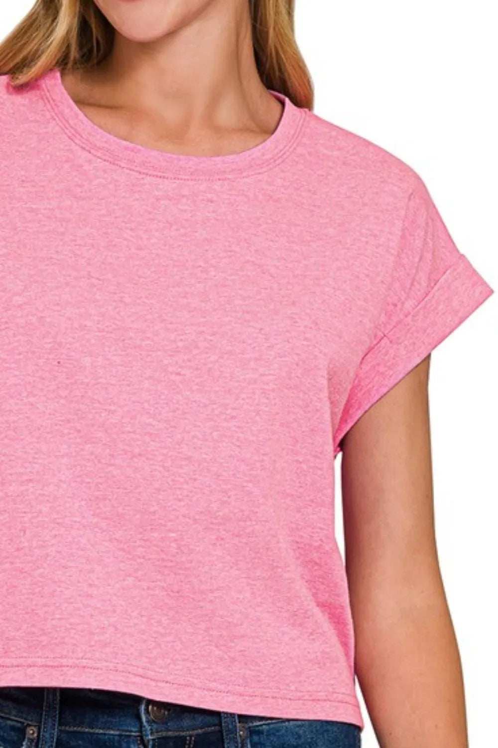 Zenana Rolled Sleeve Crop T-Shirt - Trendsi - Flyclothing LLC