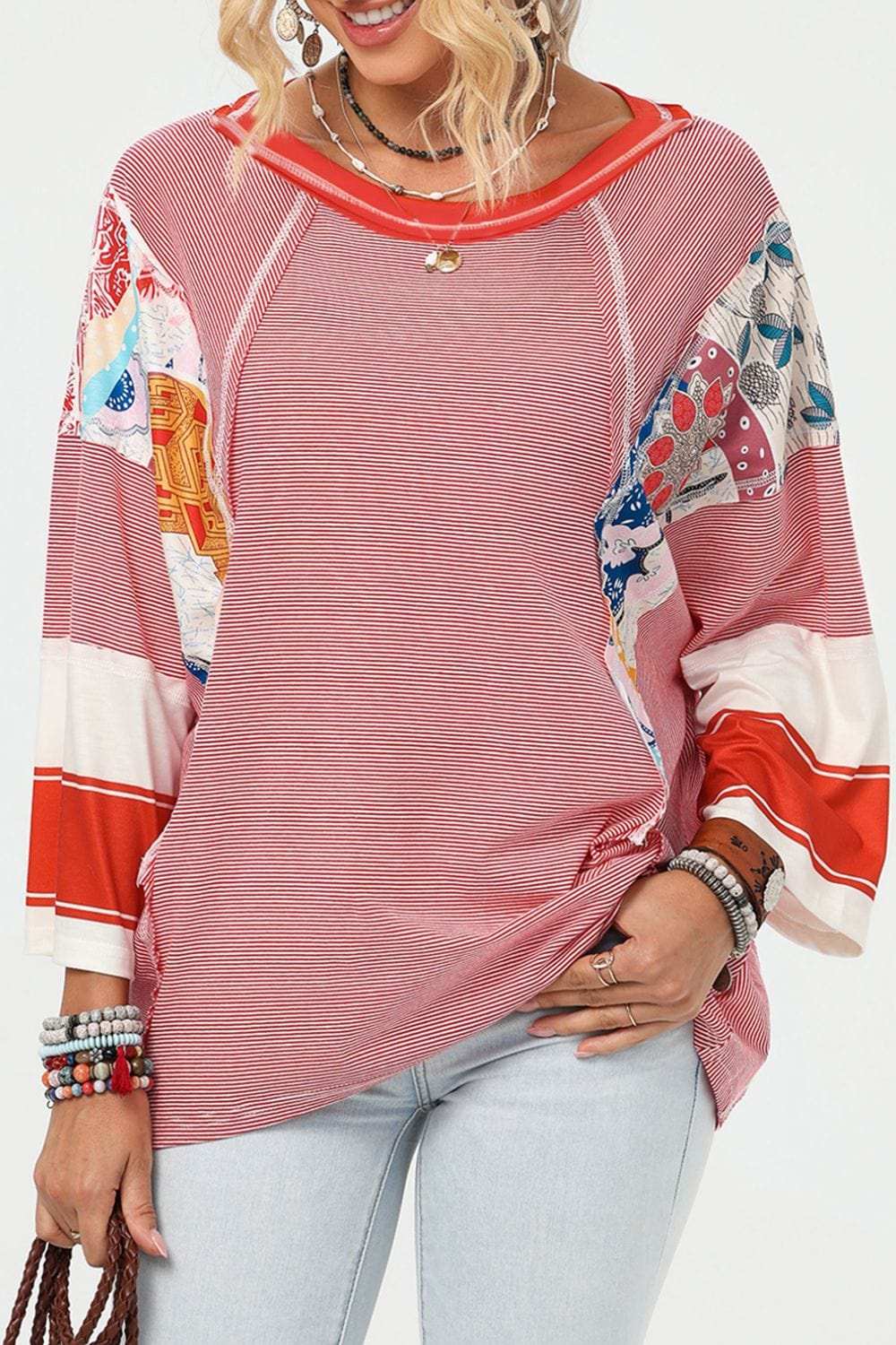 Striped Floral Patchwork Round Neck Top - Trendsi - Flyclothing LLC