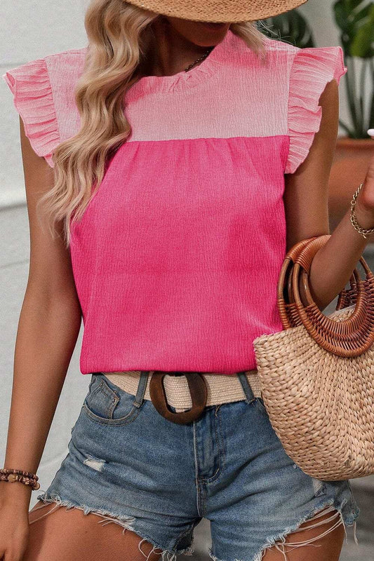 Ruffled Color Block Round Neck Blouse - Trendsi - Flyclothing LLC
