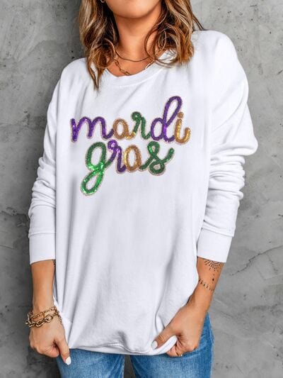 MARDI GRAS Sequin Long Sleeve Sweatshirt - Trendsi