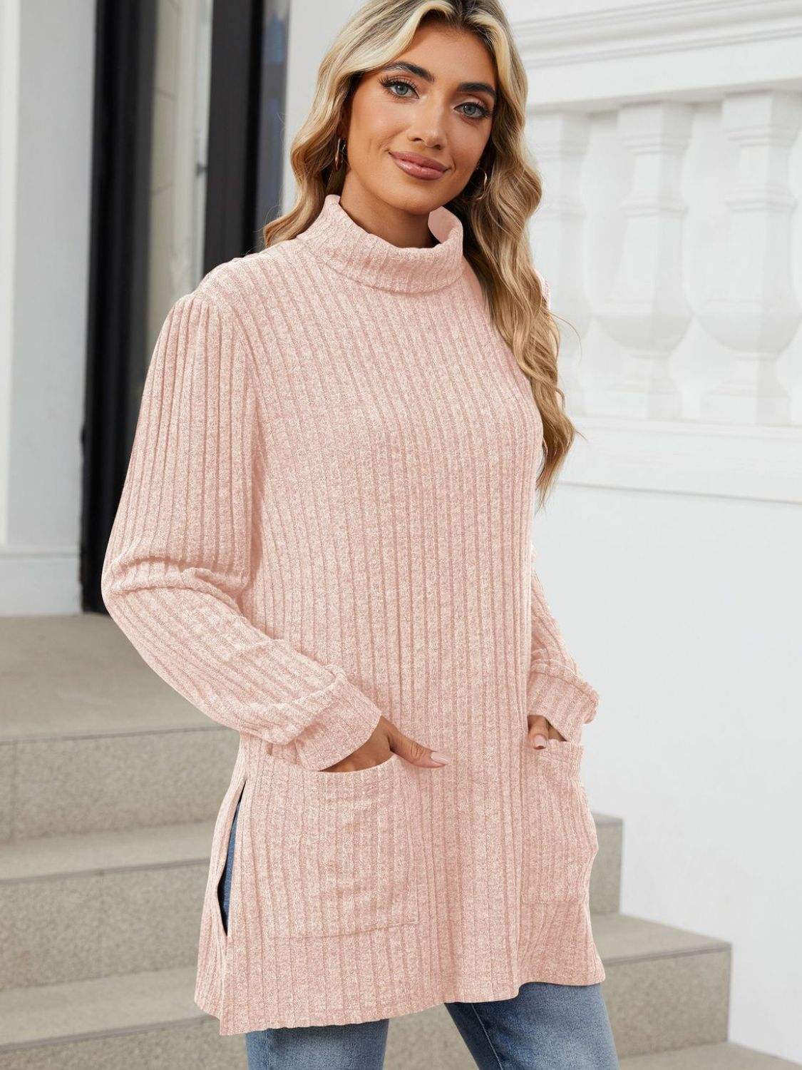 Slit Mock Neck Long Sleeve T-Shirt - Trendsi - Flyclothing LLC