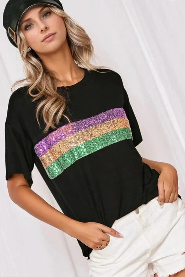 Sequin Stripes Crew Neck T Shirt - Trendsi
