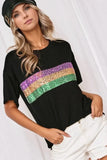 Sequin Stripes Crew Neck T Shirt - Trendsi