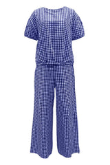Full Size Plaid Round Neck Half Sleeve Top and Pants Set - Trendsi - Flyclothing LLC