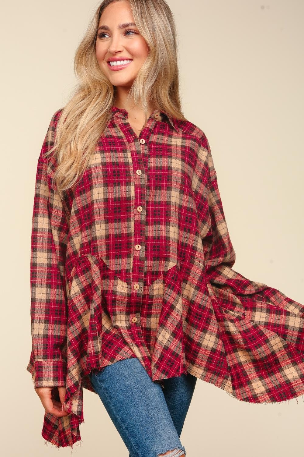 Haptics Plaid Button Down Sharkbite Shirt - Trendsi