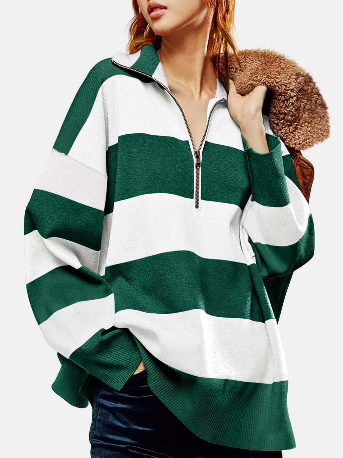 Color Block Half Zip Long Sleeve Sweater - Trendsi - Flyclothing LLC