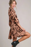 Umgee Full Size Two Tone Floral Print Puff Sleeve Tie Waist Dress Plus Size - Trendsi