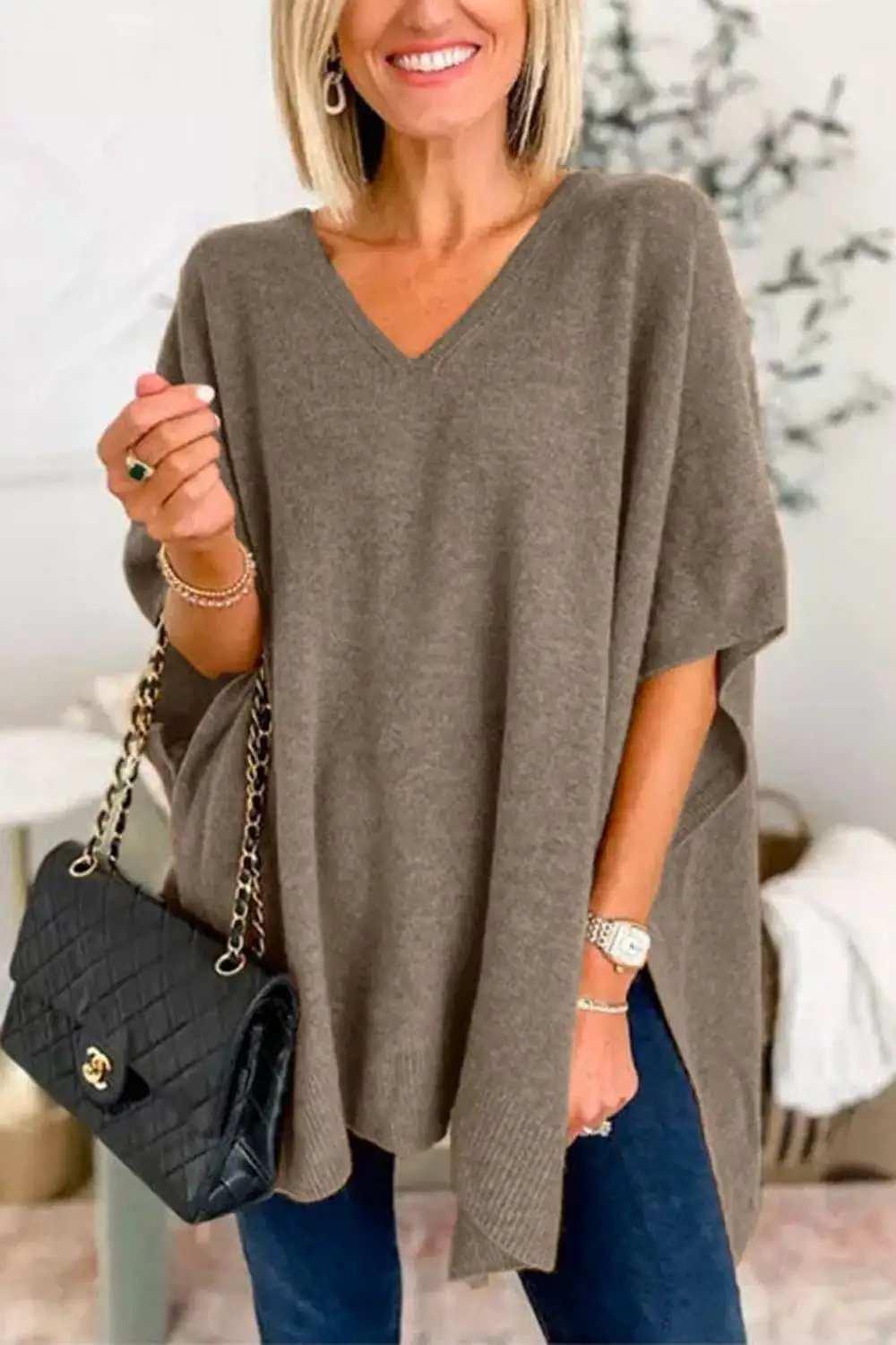 Slit V-Neck Half Sleeve Knit Top - Trendsi - Flyclothing LLC