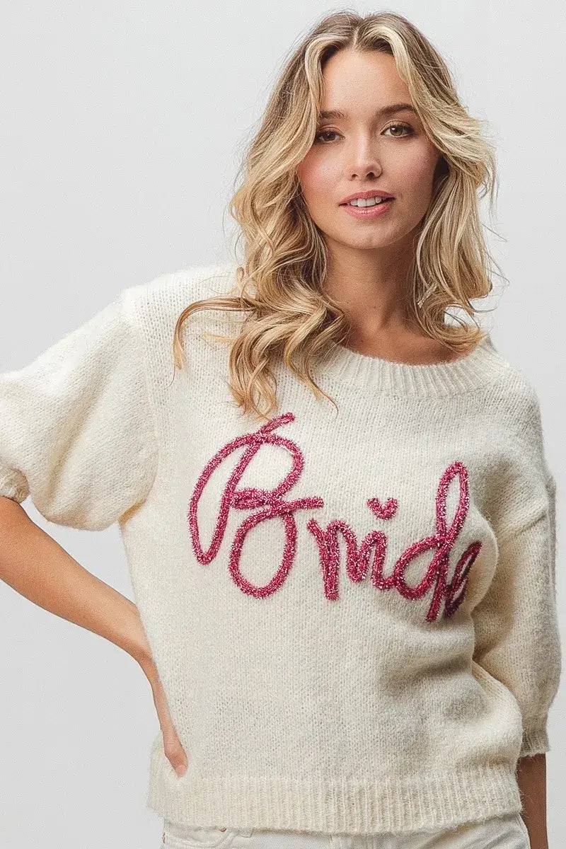 BiBi Metallic Letter Short Puff Sleeve Hairy Sweater - Trendsi - Flyclothing LLC