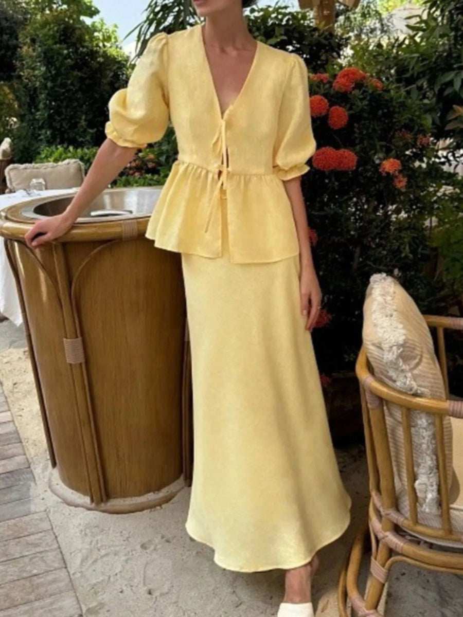 Tie Front Peplum Top and Skirt Set - Trendsi - Flyclothing LLC