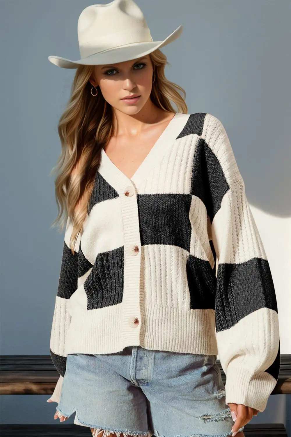 Double Take Full Size Checkered Dropped Shoulder Cardigan - Trendsi - Flyclothing LLC