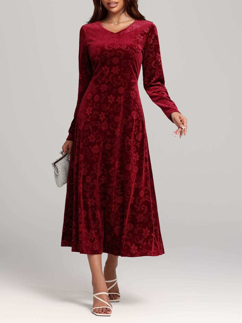 Flower Print V-Neck Long Sleeve Midi Dress - Trendsi - Flyclothing LLC