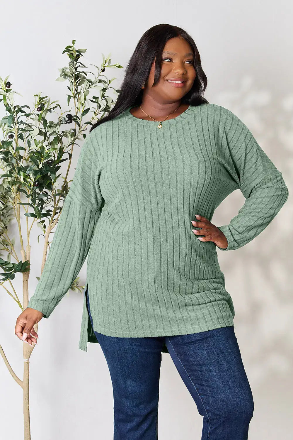 Basic Bae Full Size Ribbed Round Neck Long Sleeve Slit Top - ShopBasicbae - Flyclothing LLC