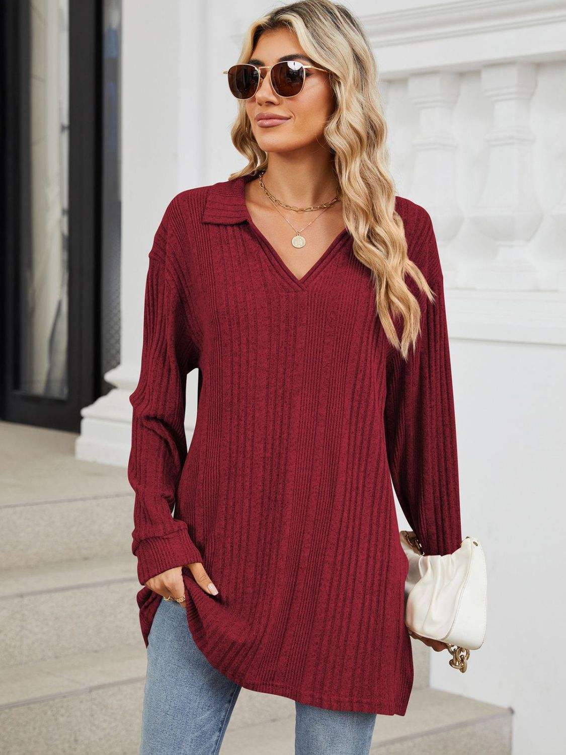 Slit Johnny Collar Long Sleeve T-Shirt - Trendsi - Flyclothing LLC
