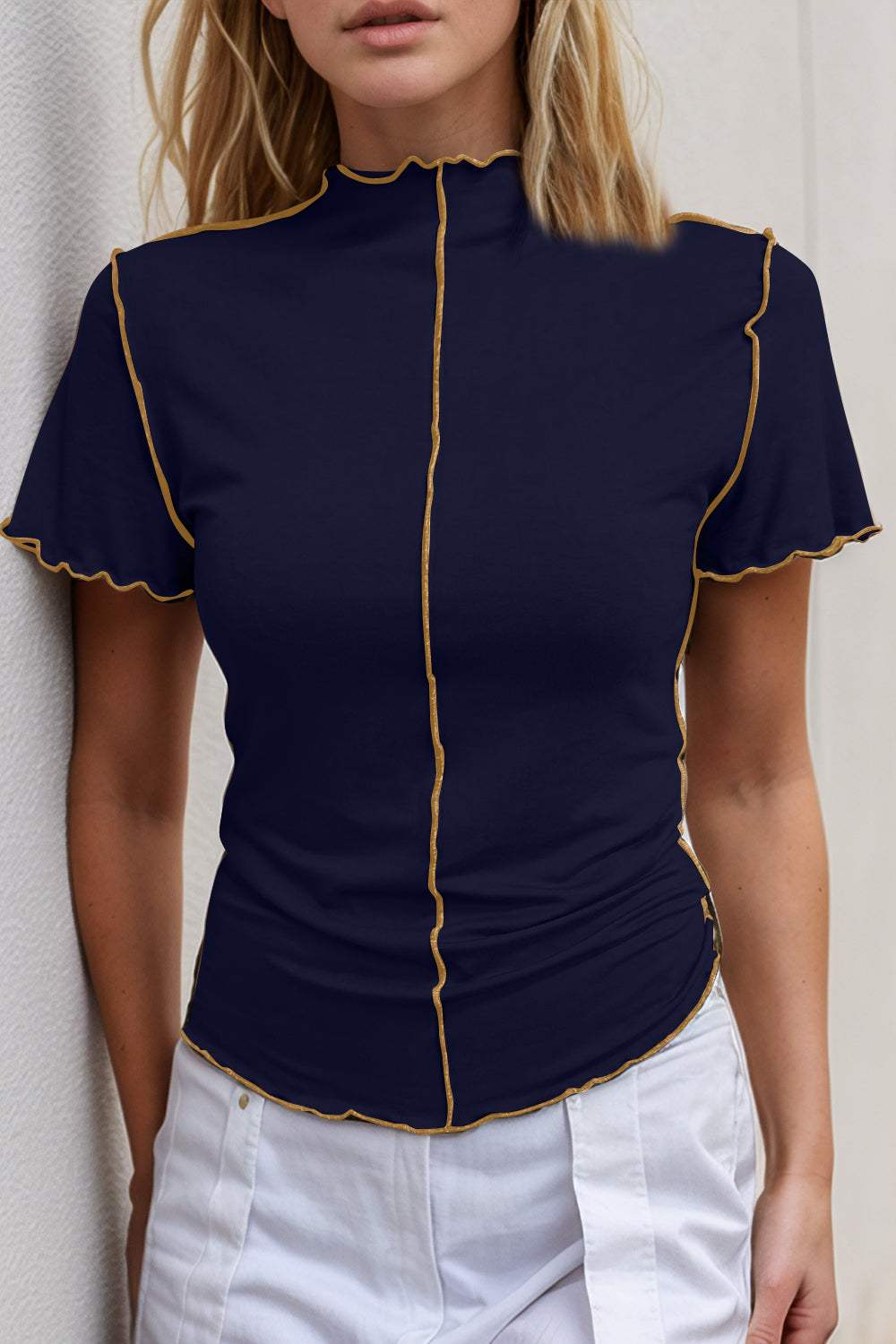 Basic Bae Contrast Trim Mock Neck Short Sleeve T-Shirt - Trendsi - Flyclothing LLC