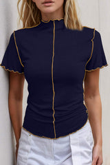 Basic Bae Contrast Trim Mock Neck Short Sleeve T-Shirt - Trendsi - Flyclothing LLC