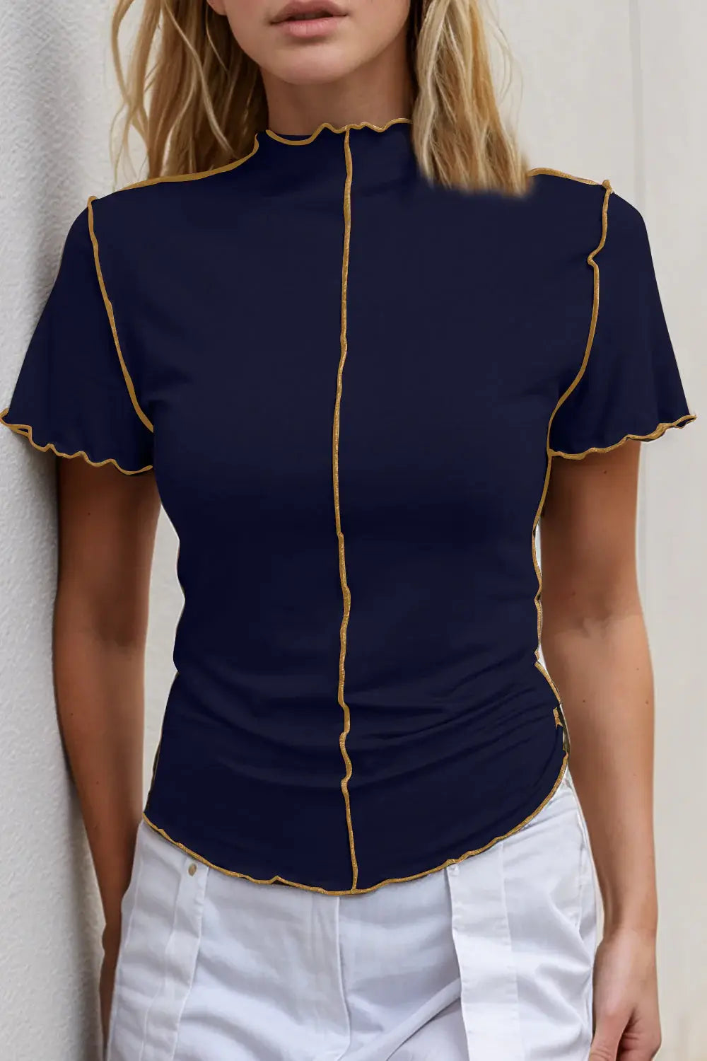 Basic Bae Contrast Trim Mock Neck Short Sleeve T-Shirt - ShopBasicbae - Flyclothing LLC