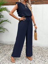 Lace Trim Round Neck Top and Pants Set - Trendsi - Flyclothing LLC