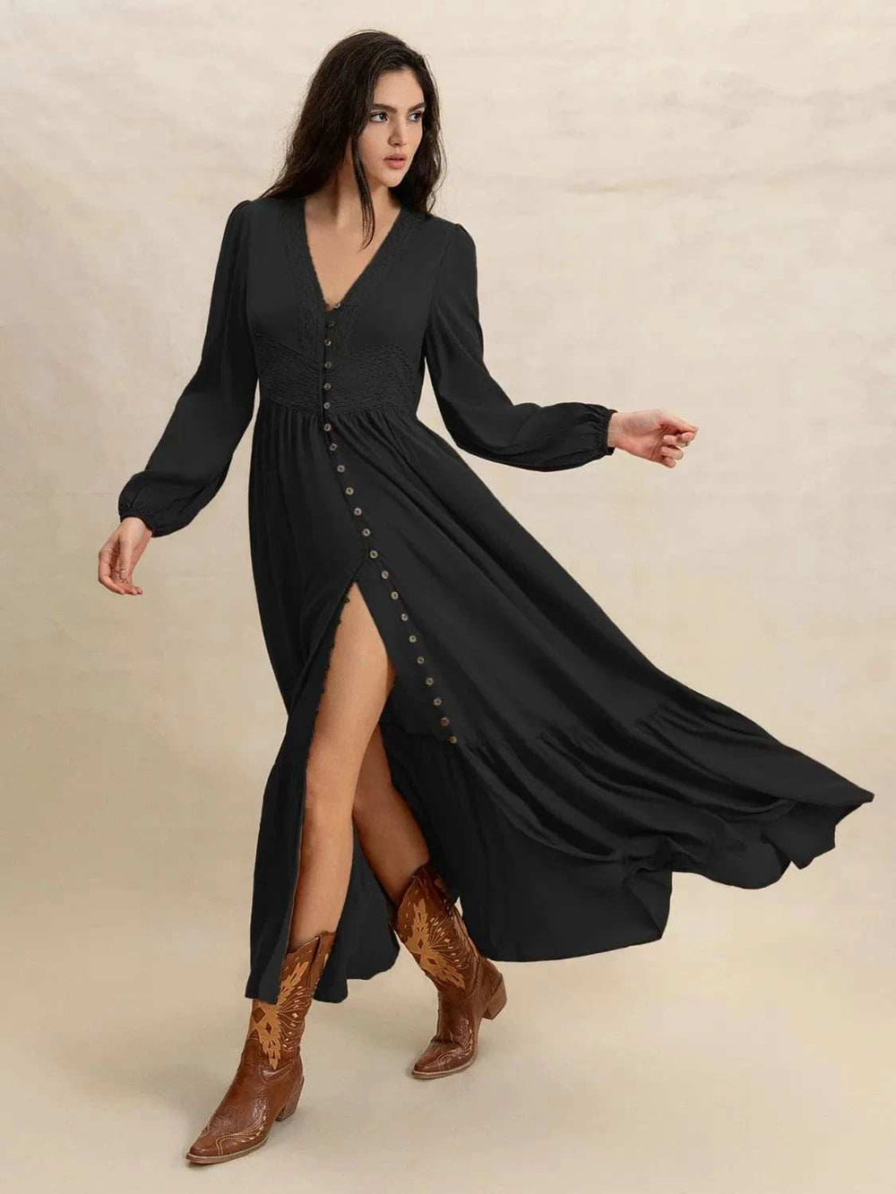 V-Neck Long Sleeve Dress - Trendsi - Flyclothing LLC