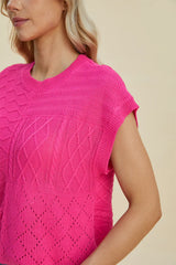 Double Take Full Size Cable-Knit Round Neck Cap Sleeve Sweater - Trendsi - Flyclothing LLC