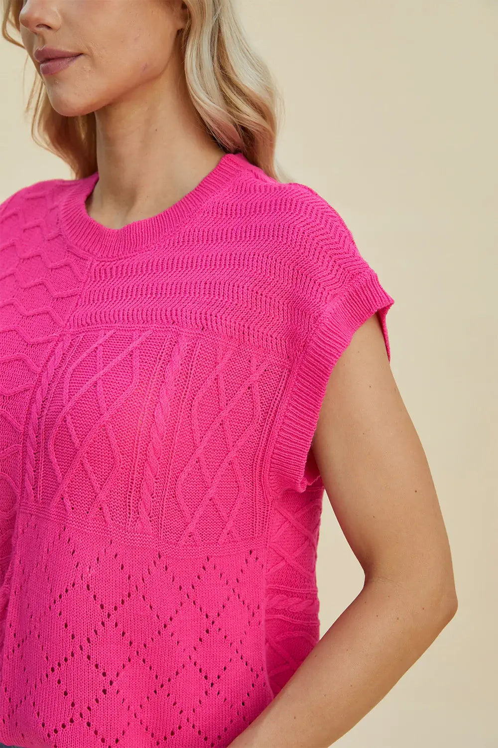 Double Take Full Size Cable-Knit Round Neck Cap Sleeve Sweater - Trendsi - Flyclothing LLC