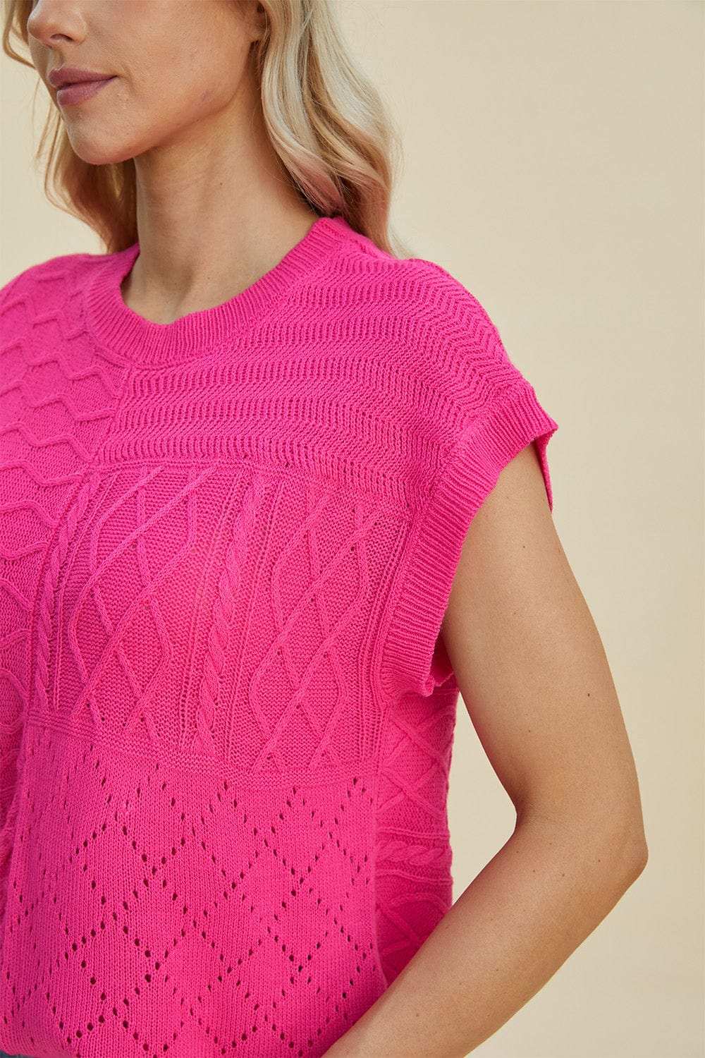 Double Take Full Size Cable-Knit Round Neck Cap Sleeve Sweater - Trendsi - Flyclothing LLC