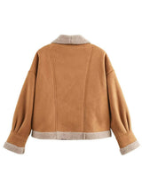 Fuzzy Collared Neck Long Sleeve Jacket - Trendsi - Flyclothing LLC