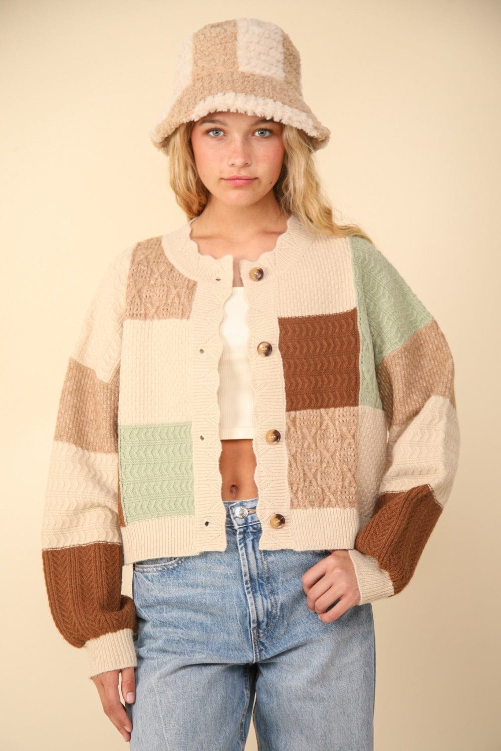 VERY J Color Block Button Down Textured Sweater Cardigan - Trendsi
