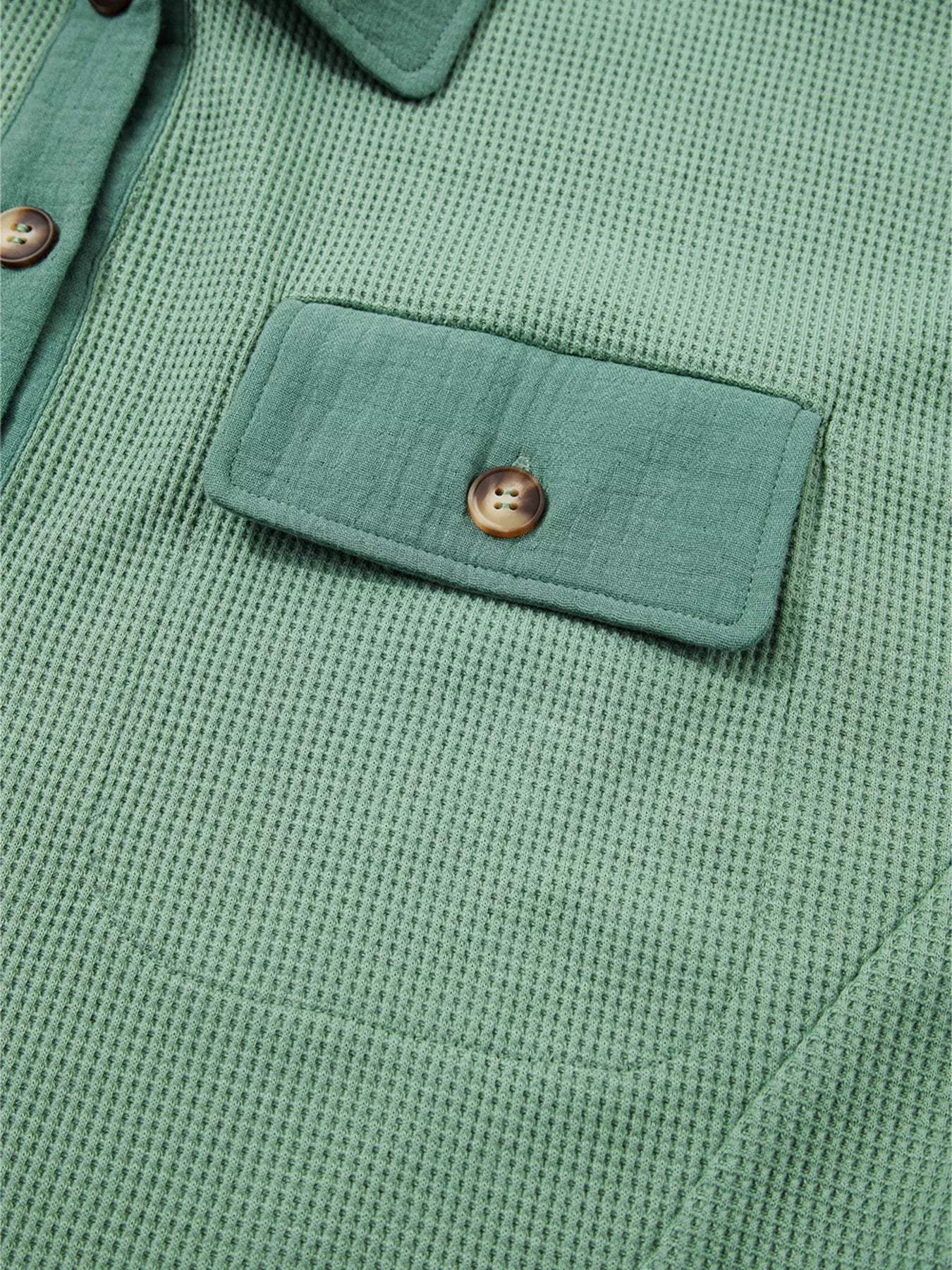 Waffle Knit Vintage Patchwork Button Up Loose Shirt - Trendsi - Flyclothing LLC