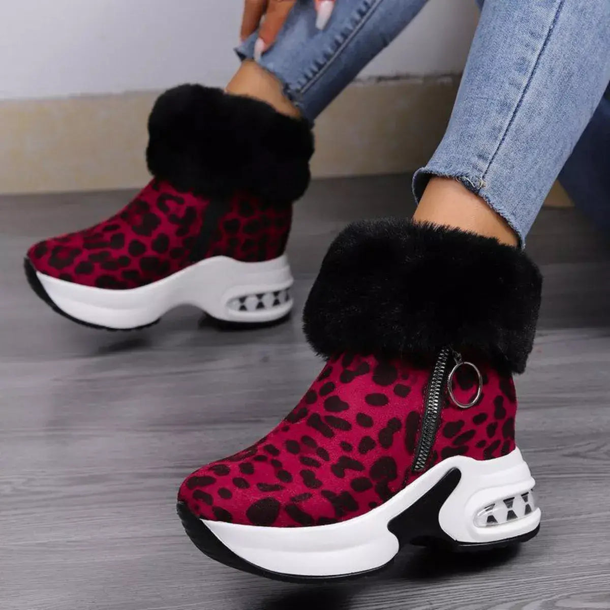 Fuzzy Side Zipper Platform Ankle Boots - Trendsi - Flyclothing LLC